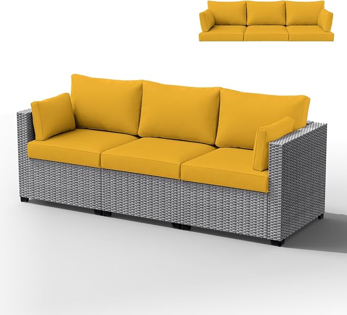 Outdoor Furniture Replacement Cushions, Waterproof Patio Furniture Cushions, 4" Deep Seat Outdoor Sectional Cushion for 3-Seat Outdoors Rattan Sofa Patio Sofa Cushion, Yellow
