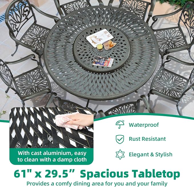 VIVIJASON Large 61" Patio Dining Table, Outdoor Round Dining Table Fits for 6-8 Person, Dark Bronze Cast Aluminum Rustic Patio Furniture Table with Umbrella Hole for Balcony, Porch and Deck