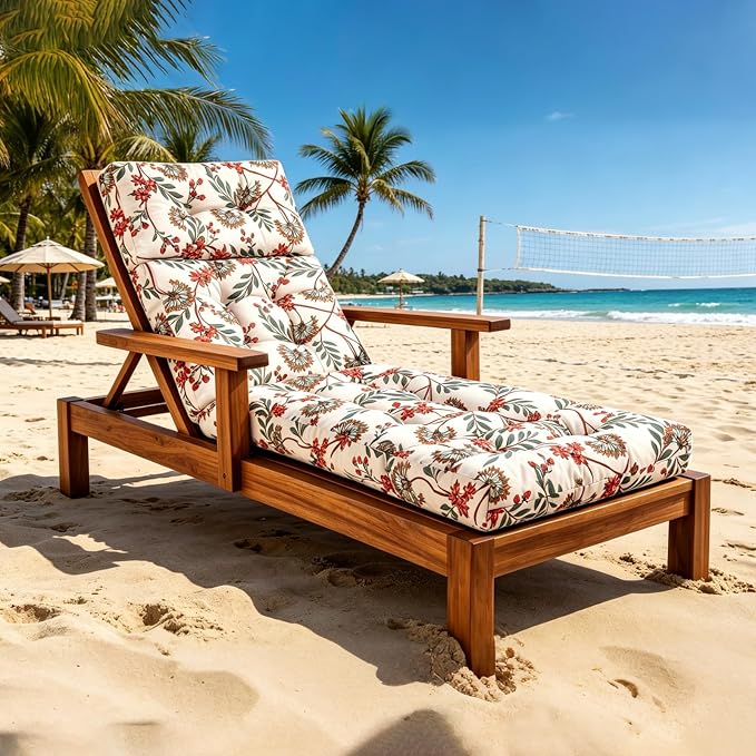 Patio Chaise Lounge Cushions, 70.5"x21"x4" Waterproof Replacement Beach Pool Lawn Outdoor Lounge Chair Cushion, Non-Slip Bottom & Secure Ties for Outdoor Furniture，Flower Red, 1Count