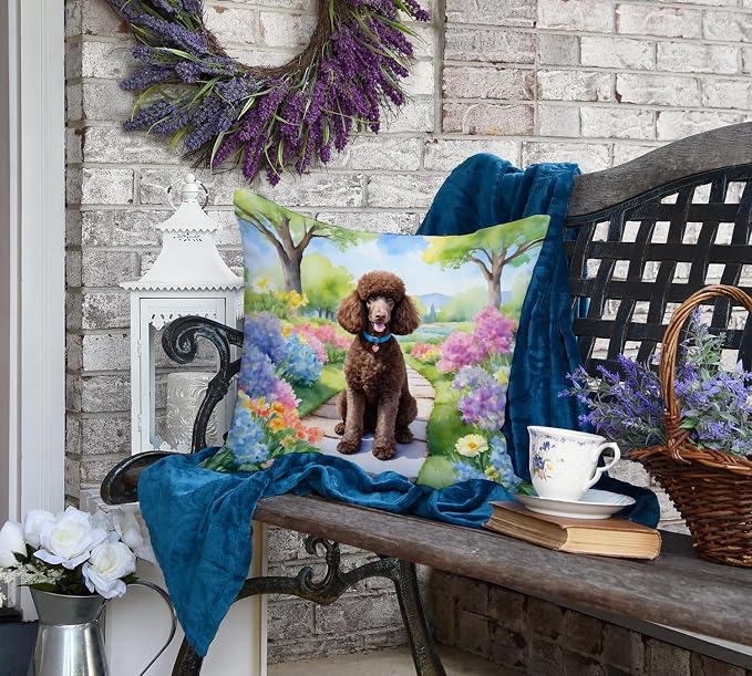 Caroline's Treasures Chocolate Poodle Spring Path Throw Pillow Machine Washable, Indoor Outdoor Decorative Pillow for Couch, Bed or Patio, 18Hx18W