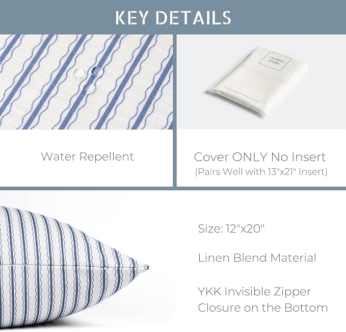 California Casual Coastal Indoor Outdoor Lumbar Pillow Cover, 12"x20" Water Repellent for Patio, Backyard, Couch, Poolside, Azure Blue Print Wave Stripes