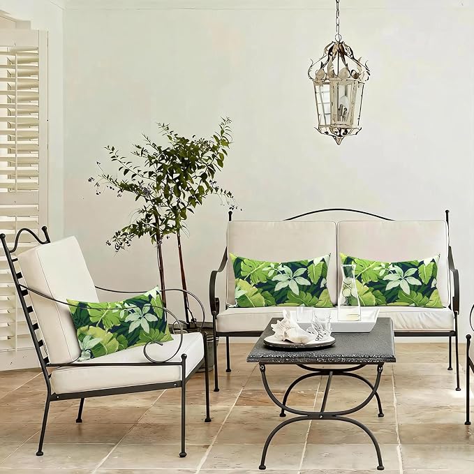 LVTXIII Set of 2 Patio Lumbar Pillows, 12" x 20" Fade Resistant Outdoor Lumbar Pillow with Inners, Fluffy Decorative Garden Lumbar Cushions for Home Patio Coach Sofa Use, Jungle Leaves