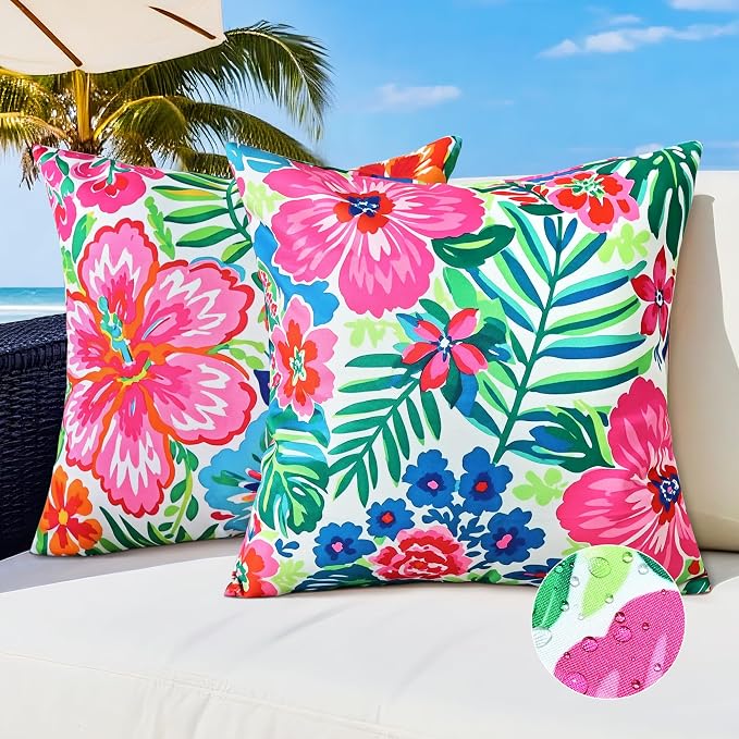 Outdoor Pillow Covers 18x18 Inch Set of 2 Tropical Floral Plants Boho Throw Pillows Cases Waterproof Square Garden Cushion Sham for Patio Funiture Tent Balcony Bench Sofa Couch