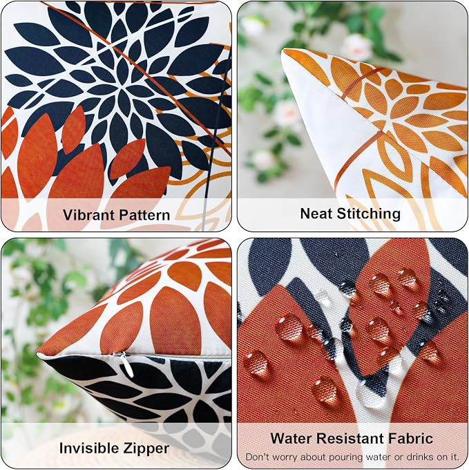 OTOSTAR Outdoor Orange Dark Blue Pillow Covers 12x20 Inch Set of 2 Flower Throw Pillows Farmhouse Geometric Dahlia Floral Lumbar Cushion Case Waterproof Decor for Sofa Patio Funiture Garden