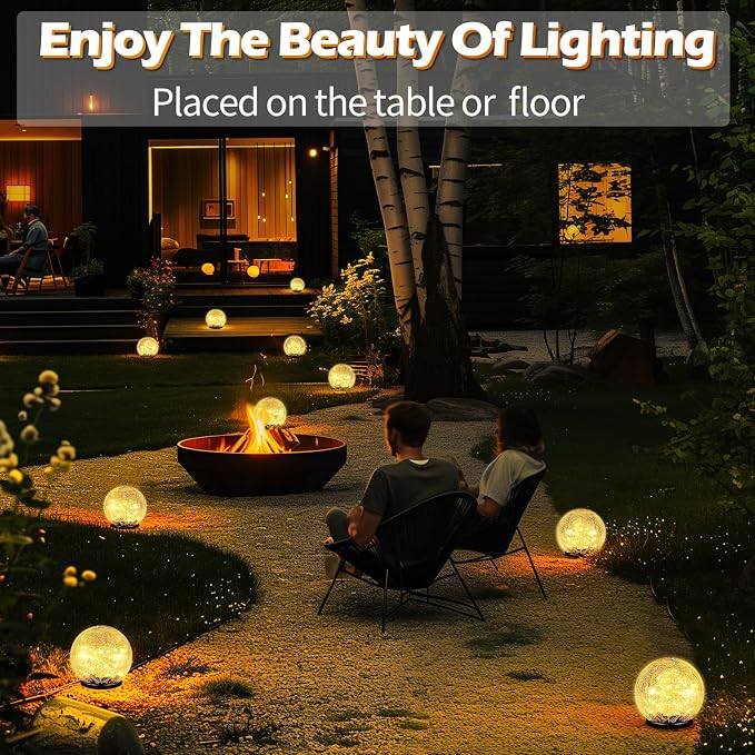 Garden Solar Ball Lights Outdoor Waterproof, 80 LED Cracked Glass Globe Solar Power Ground Lights for Path Yard Patio Lawn, Halloween Christmas Decoration Landscape Warm White(2 Pack 5.9'')