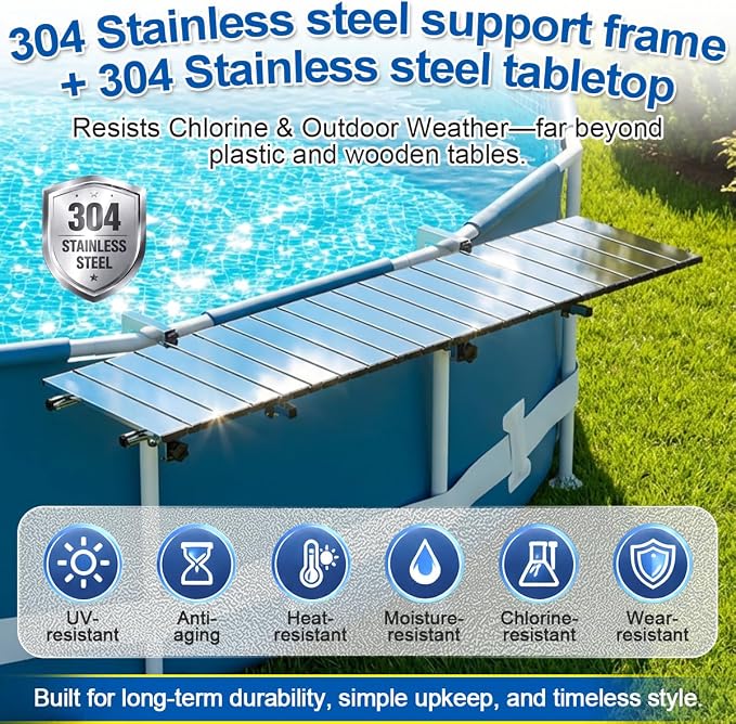 Above Ground Pool Bar, 47" x 11.7" 304 Stainless Steel Pool Bar Table for Round Above Ground Pools, Holds Ice Bucket, Great for 5-Person Family Gatherings, UV & Pool Chemical Resistant, Holds 150 lbs