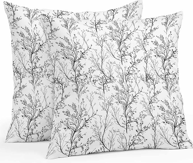 Black White Branches Waterproof Outdoor Pillow Covers Set of 2 Home Decor, Abstract Art Leaves Plant Pillowcase Patio Pillow Covers for Couch Bench Patio Furniture Garden 26x26in