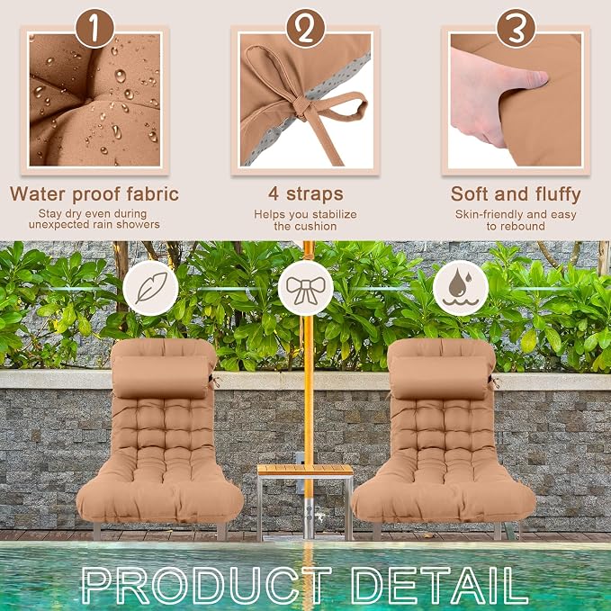 Tudomro Outdoor Chaise Lounge Cushion 66x21x4'' Waterproof & Fade-Resistant Patio Pool Chaise Lounge Cushion Headrest Pillow Tie Replacement Rocking High Back Chair(Camel,1 Pcs)