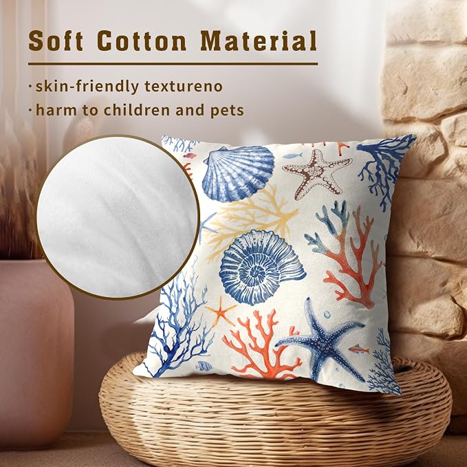Nautical Coastal Throw Pillow Covers 22x22 Set of 2, Summer Ocean Beach Coral Decorative Pillow Cases Cotton Cushion Cover for Home Sofa Couch Wedding Anniversary Decor