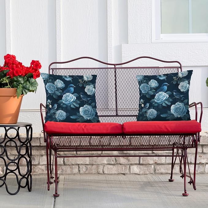 Swono Rose Set of 2 Decorative Throw Pillow Covers Cushion Case, Watercolor Blossom Roses Peony Farmhouse Pillowcase Cozy Pillow Cover for Couch Sofa Bed Garden Chair Car 18 X 18 Inch Blue