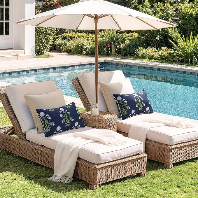 MIULEE Floral Outdoor Lumbar Pillow Covers with Inserts 12x20 Navy Blue | Set of 2 Waterproof Decorative Throw Pillows with Piping,Vintage Fade Resistant, Patio Furniture Summer Garden Couch Sofa