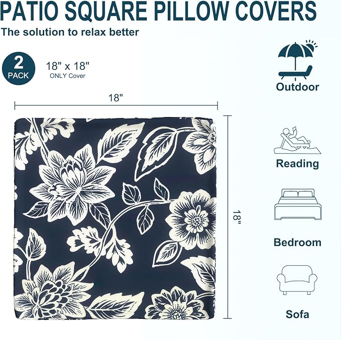 DYTXIII Pack of 2 Outdoor Waterproof Pillow Covers ONLY, 18"x18" Square Decorative Double Printed Throw Pillow Cases for Patio Couch Porch Furniture, Vines Navy