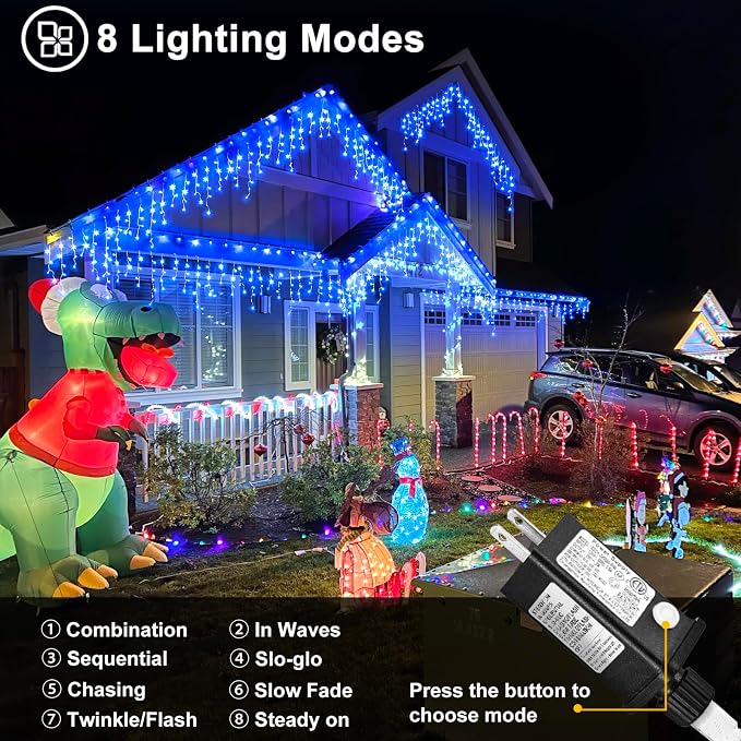 99ft Blue Christmas Lights Outdoor, 1216 LED Icicle Lights for Outside House with Clear Wire 8 Modes Timer, Plug in Waterproof for Home Holiday Eaves Yard Party Tree Room Wall Indoor Decoration