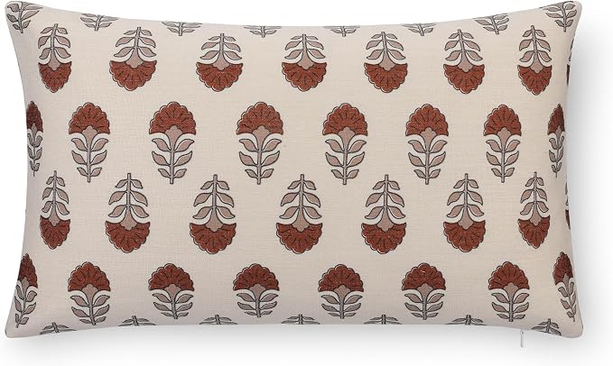 Crumbs Home Modern Farmhouse California Casual Indoor Outdoor Lumbar Pillow Cover, 12"x20" Water Repellent for Patio, Backyard, Couch, Poolside, Earth Tone Rust Orange Neutral Block Print Flowers