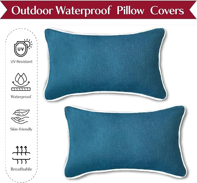 HER HWA Outdoor Lumbar Pillow Covers 20"x12" Set of 2, Lake Blue | durable fade-resistant water-resistant 100% polyester white piping smooth zipper machine washable for indoor outdoor décor