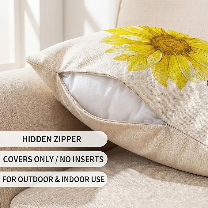 Sunflower Decor Yellow Outdoor Pillow Covers 18x18 for Patio Furniture | Summer Sunflower Decor, Waterproof, Mustard Yellow Floral, Set of 4, Farmhouse Pillow Covers, Porch, Outdoor Patio Furniture
