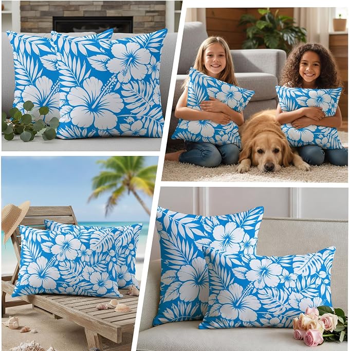 Hibiscus Flowers Waterproof Outdoor Pillow Covers Set of 2 Home Decor, Blue Tropical Monstera Leaves Pillowcase Patio Pillow Covers for Couch Bench Patio Furniture Garden 18x18in
