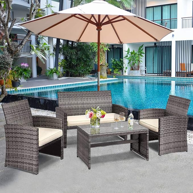HAPPYGRILL 4 Piece Patio Conversation Set with Soft Cushions Rattan Furniture Set with PE Wicker Coffee Table & Sofa Chairs for Garden Poolside Porch Backyard