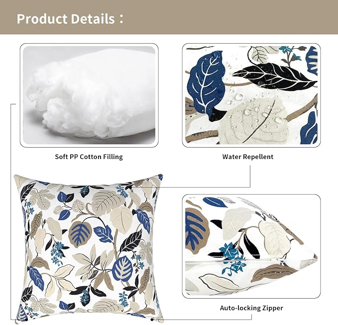 Outdoor Pillows for Patio Furniture 16x16 inch, Square Outdoor Throw Pillows with Inserts, Decorative Patio Pillows for Garden Couch Home Sofa Office Chair, Pack of 2, Breeze Leaves Beige