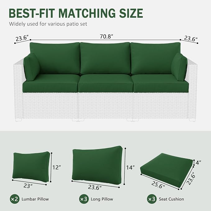 Outdoor Furniture Replacement Cushions, Waterproof Patio Furniture Cushions, 4" Deep Seat Outdoor Sectional Cushion for 3-Seat Outdoors Rattan Sofa Patio Sofa Cushion, Green
