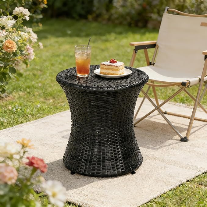 Sundale Outdoor Small Side Table Patio Rattan End Table 20 Inch Hourglass Wicker Accent Tables Steel Frame Lightweight Black