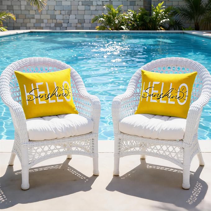 Lewondr Waterproof Outdoor Throw Pillow Cover, 18×18", Yellow | 2 Pack, Hello Sunshine Printing, Summer Garden Decor, For Patio Sofa, Balcony Couch, Bench Porch