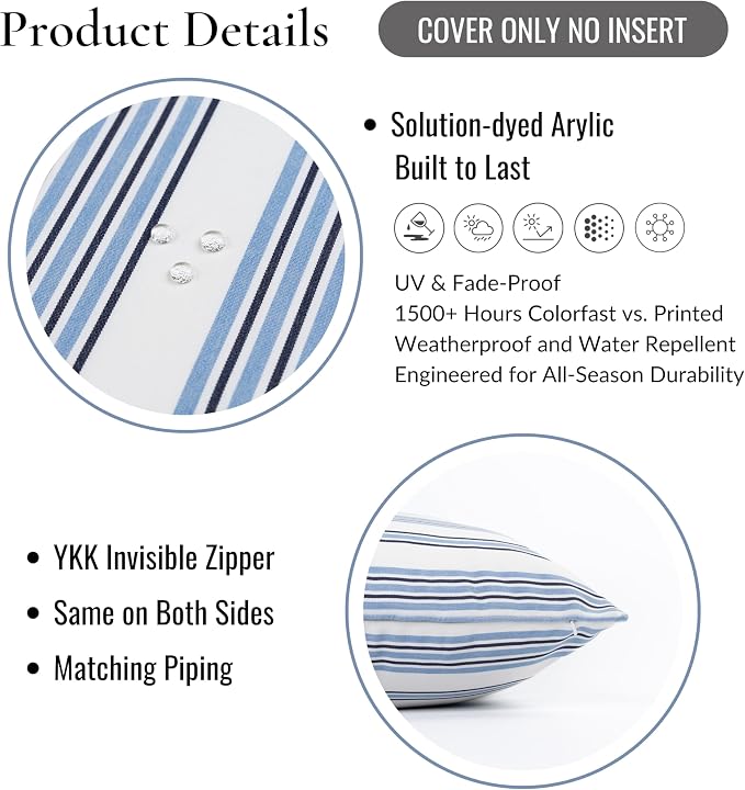 Hofdeco Premium Coastal Hampton Outdoor Performance Lumbar Pillow Cover Only, 12"x20" Water Repellent, UV and Fade Resistant for Backyard, Couch, Poolside, Azure Blue Indigo Woven Bayside Stripes