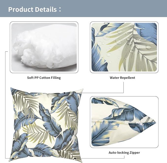 Outdoor Pillows with Insert 16x16 Inch, Waterproof Throw Pillow for Patio Furniture, Decorative Back Cushion for Garden Home Sofa Office Chair, Set of 2, Lush Palm Blue