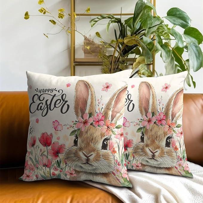 Easter Bunny Throw Pillow Covers 20x20 Inch, Pack of 2 Tulip Floral Cute Rabbit Pillowcases Square Soft Cotton Cushion Cover for Couch Sofa Bed Outdoor Indoor Holiday Home Decor