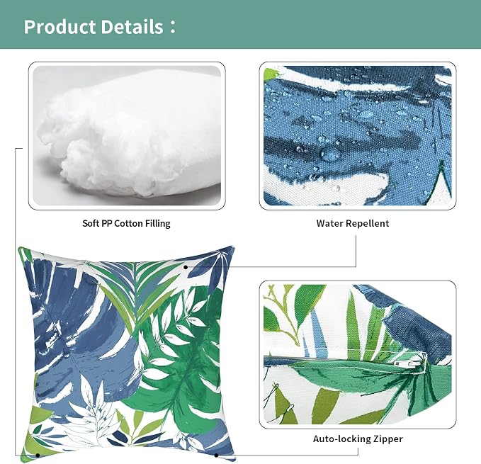 Outdoor Pillows for Patio Furniture 18x18 inch, Square Outdoor Throw Pillows with Inserts, Decorative Toss Pillows for Garden Couch Home Sofa Office Chair, Pack of 2, Islamorada Blue Green
