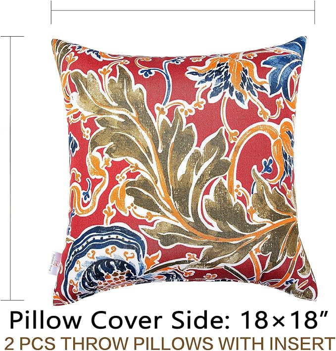 JMGBird Porch Pillows Waterproof Outdoor Lumbar Pillow Covers with Insert | Water-Resistant Outdoor Pillows Set of 2, 18x18 inch Durable Red with Pomegranate Flower Pattern Throw Pillows