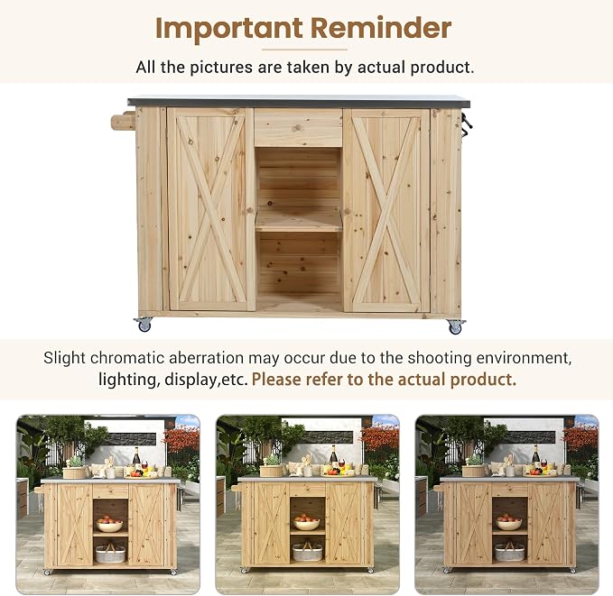 Outdoor Kitchen Island Fir Wood Kitchen Island with Stainless Steel Top,Ample Storage Space, Towel and Spice Racks and a Bottle Opener for Outdoor (Natural Wood@53)