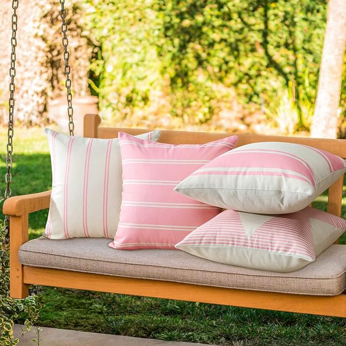 OTOSTAR Outdoor Waterproof Pillow Covers 18x18 Inch Geometry Decorative Throw Pillow Cases Square Modern Cushion Case Garden Throw Pillow Covers Pack of 4 Pillow Shell for Patio Furniture Couch (Pink)