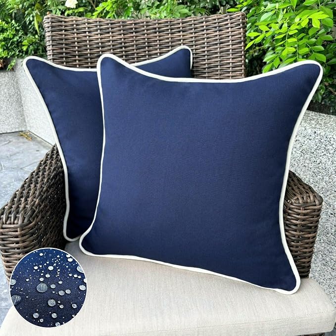 HER HWA Outdoor Throw Pillow Covers White Piping 18"x18" Set of 2, Blue | durable fade-resistant water-resistant 100% polyester white piping smooth zipper machine washable for indoor outdoor décor
