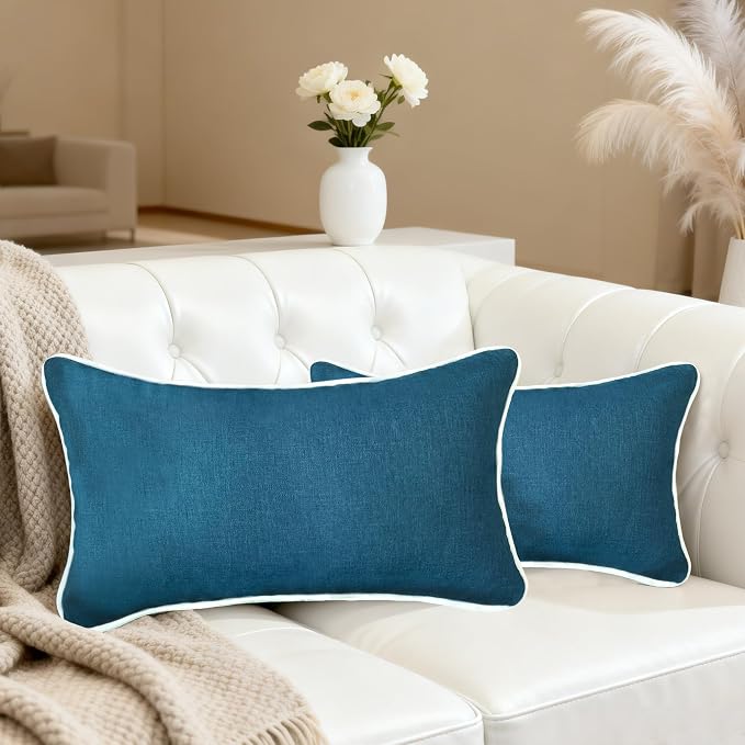 HER HWA Outdoor Lumbar Pillow Covers 20"x12" Set of 2, Lake Blue | durable fade-resistant water-resistant 100% polyester white piping smooth zipper machine washable for indoor outdoor décor