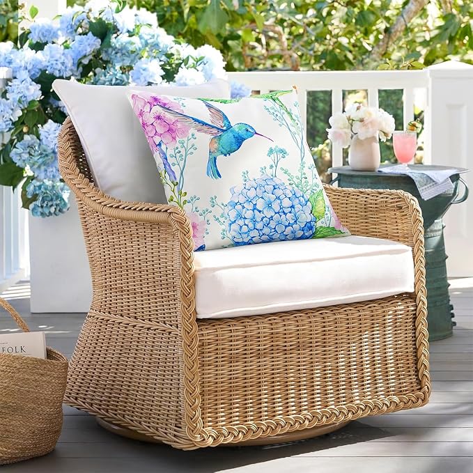 Merrycolor Outdoor Waterproof Throw Pillow Covers 18x18Inch Set of 4 Summer Flowers Accent Farmhouse Décor Hydrangeas Butterflies Birds Decorative Pillow Covers for Couch paito Garden Sofa Blue-Purple