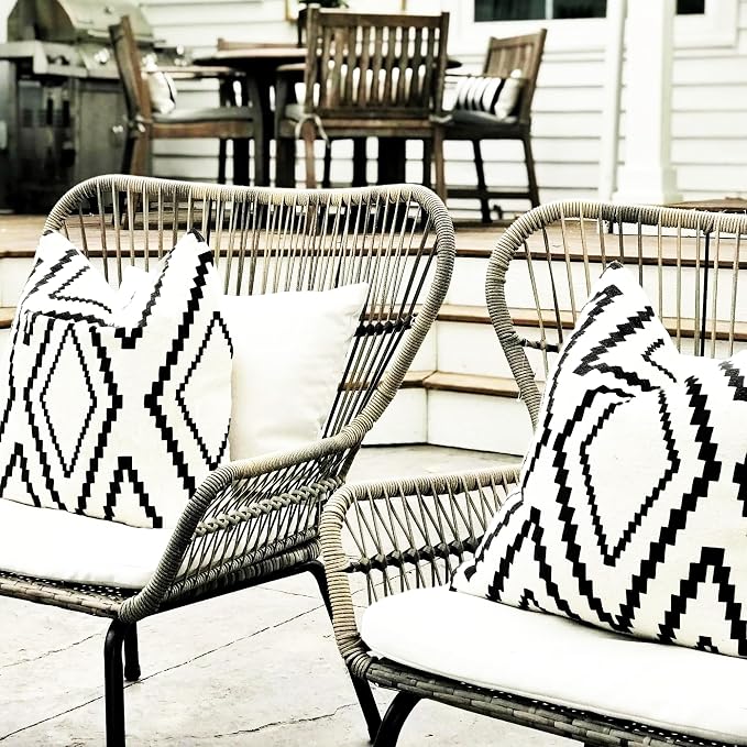 Outdoor Pillow Cover Waterproof Set of 2, Black and White Throw Pillows for Patio Furniture, Outdoor Pillow Covers for Couch, White More(Black&white-02, 20x20 Inch)