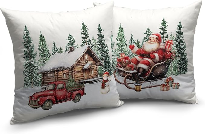 Christmas Santa Pillow Covers Set of 2 Snowy Cabin Red Truck Snowman Throw Pillow Covers Green Xmas Tree Pillowcase 18x18 Cotton Linen Cushion Case for Winter Holiday Home Decor