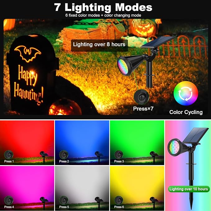 Tadyreal Color Changing Solar Spot Lights Outdoor Waterproof 180° Adjustable Colored RGB Solar Powered Landscape Lights for Yard 7 Lighting Modes Solar Spotlights for Pathway Garden Outside (6 Pack)
