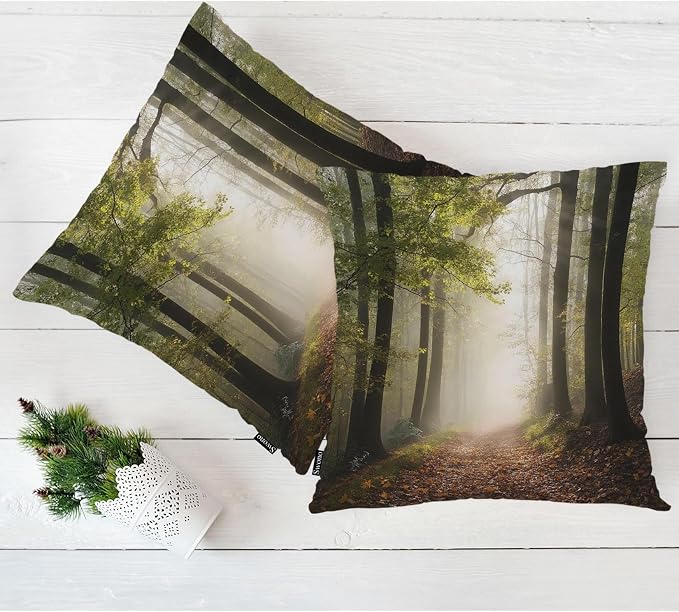 Swono Autumn Forest Decorative Throw Pillow Case 18" X 18", Misty Tree Woodland Mountain Standard Pillow Covers, Set of 2 Throw Pillowcase Cushion Covers for Couch Chair Bedroom Sofa Car Seats
