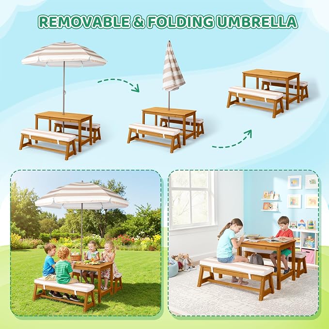 JOYMOR Kids Picnic Table Outdoor Wooden Table & Bench with Adjustable Umbrella, Picnic Table Set w/Removable Cushions for Backyard, Patio, Garden, Indoor(Natural)