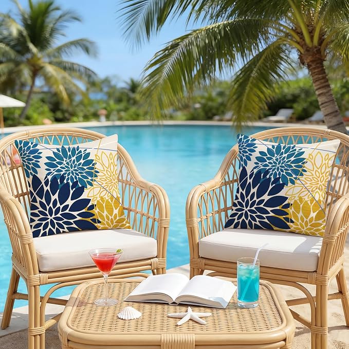 OTOSTAR Outdoor Dark Blue Cyan Yellow Pillow Covers 16x16 Inch Set of 2 Flower Throw Pillows Farmhouse Geometric Dahlia Floral Square Cushion Case Waterproof Decor for Sofa Patio Funiture Garden