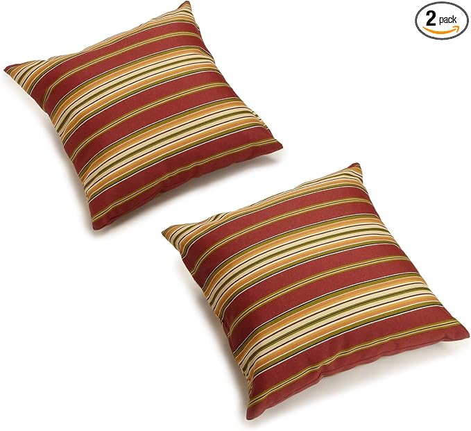 Blazing Needles All-Weather UV-Resistant Outdoor Zippered Pillows Set, Set of 2, 18", Kingsley Stripe Ruby
