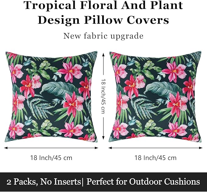 Pyonic Tropical Waterproof Outdoor Pillow Covers 18x18 inch Green Leave and Red Flowers Throw Pillowcase for Summer Patio Furniture Garden Porch Pool Decor