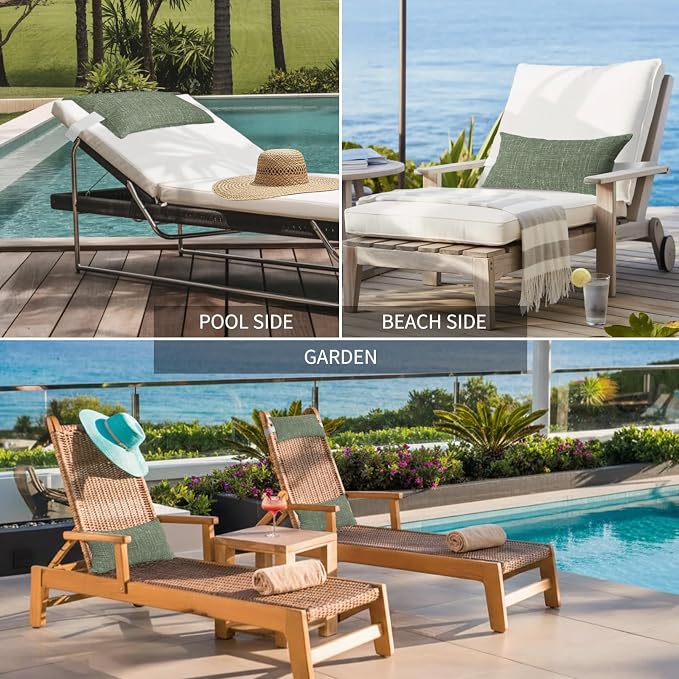Outdoor Lumbar Pillow Set of 2, Dark Green Waterproof Beach Headrest Pillow with Inserts, Farmhouse Vintage Green Solid Color Modern Recliner Throw Pillows for Patio Furniture, 11 x 16