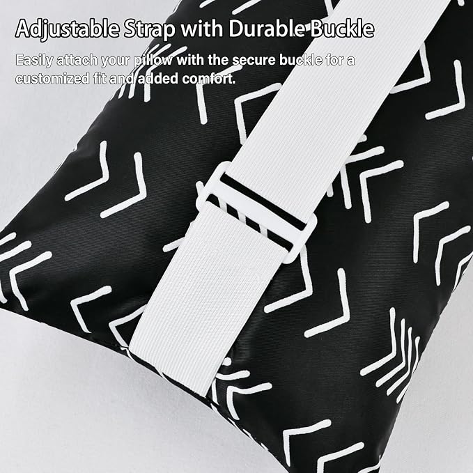 Black Geometric Outdoor Chaise Lounge Head Pillow 11"x16" Set of 2 | Waterproof Lumbar Pillows with Insert Adjustable Elastic Strap, Neck Attachment for Recliner Patio Beach Pool