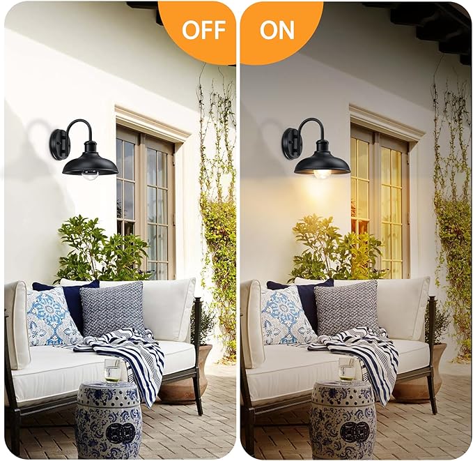 Gooseneck Outdoor Light Fixtures, Farmhouse Barn Lights for Porch, Black | Industrial Black Exterior Wall Sconce for Garage, E26 Base Anti-Rust for Garage Frontdoor Entryway Doorway (No Sensor)