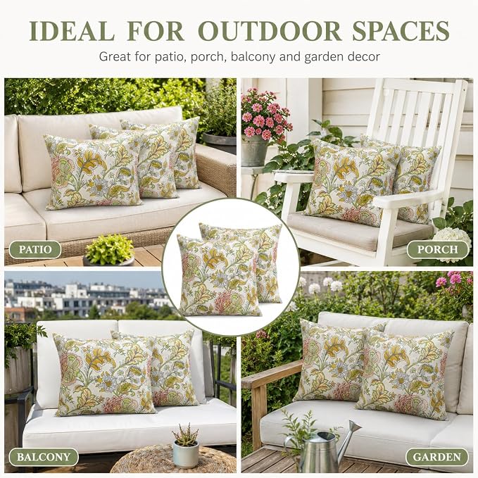Outdoor Throw Pillows 18×18 Inch Pack of 2 Waterproof Decorative Throw Pillows with Inserts, Square Pillows for Garden Couch Sofa and Patio Furniture