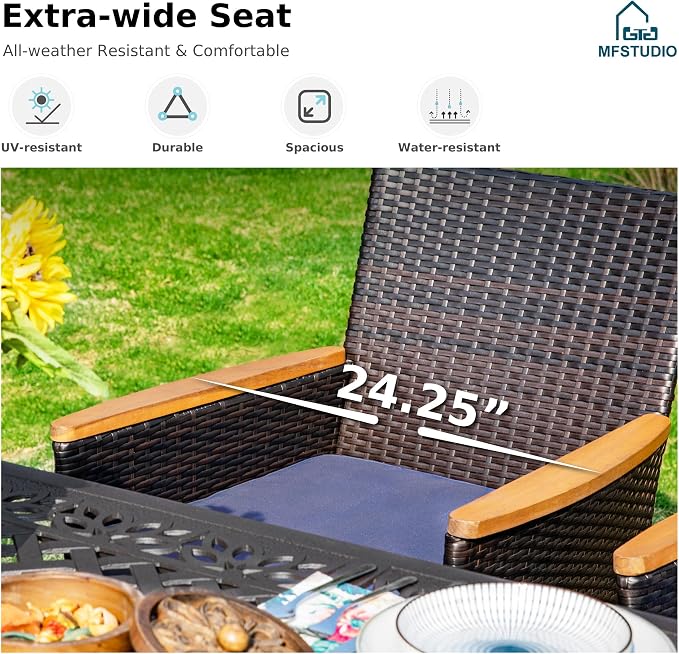 MFSTUDIO 5 Pieces Patio Dining Set, Outdoor Table and Chairs for 4, Outdoor Rattan Dining Furniture Set, Patio Wood-Like Metal Table with Wicker Chairs