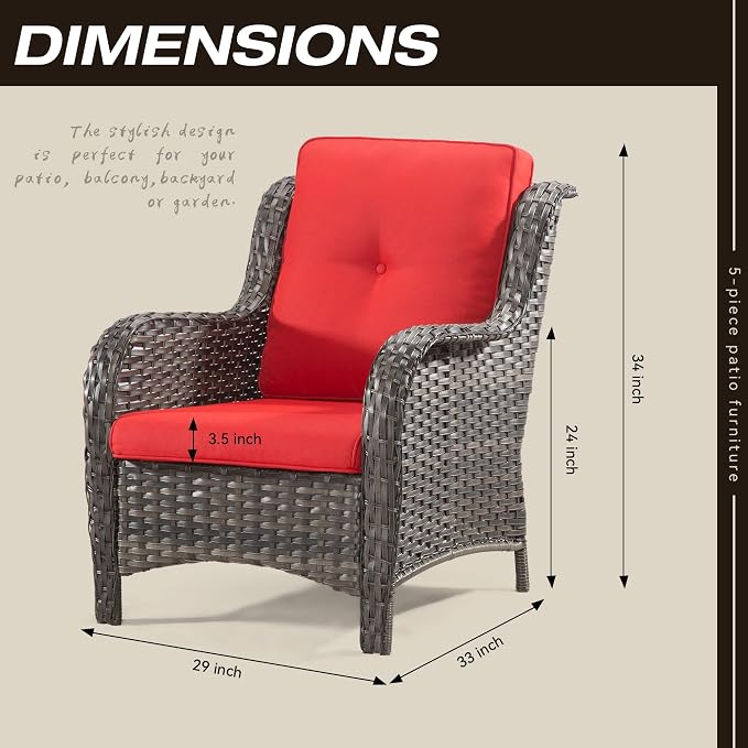 Outdoor Wicker Chair Rattan Dining Chairs Set of 2 PE Wicker Patio Chairs with 3.5 inch Seat Cushions Outdoor Patio Seating Chair for Garden, Backyard Swimming Pool, Balcony, Red